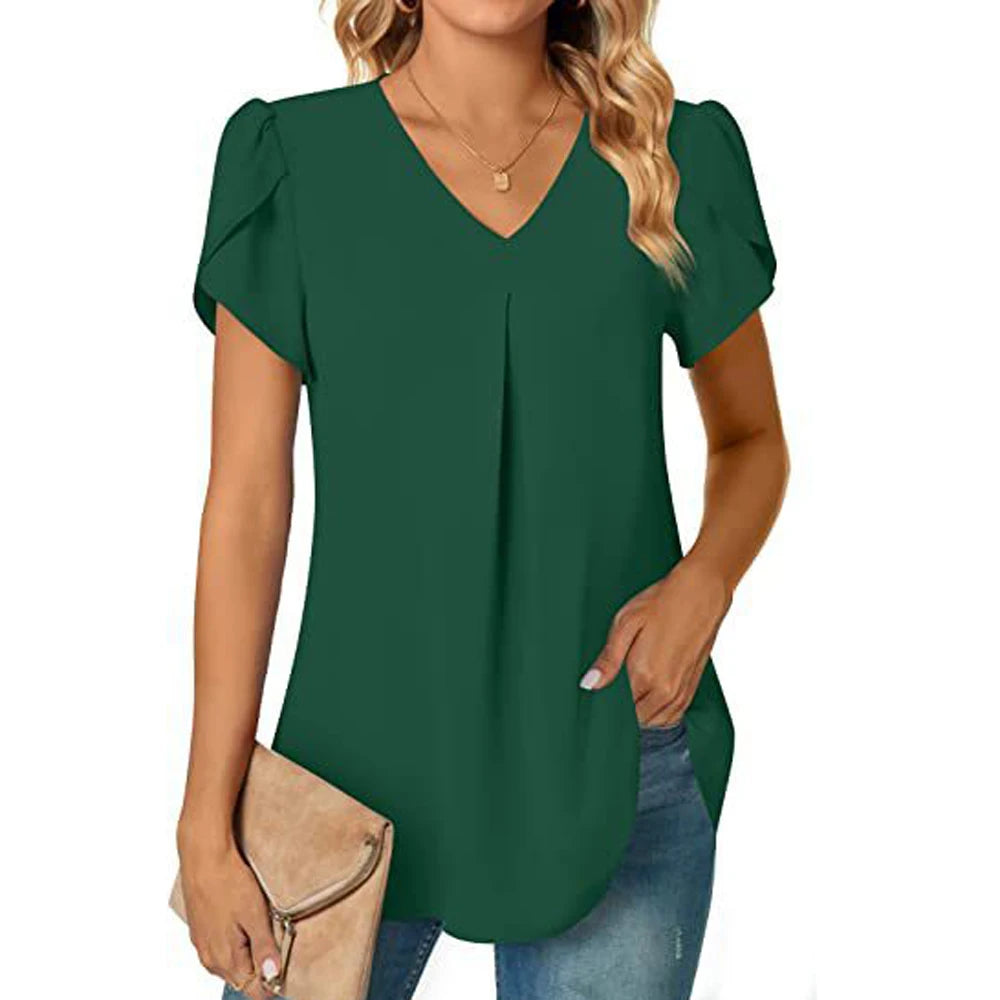 Sexy V Neck Ruffle Short Sleeve Blouse Shirts Summer Women V Neck Solid Color Loose OL Workout Blouse Tops SZE-ST23015-Gennys fashion