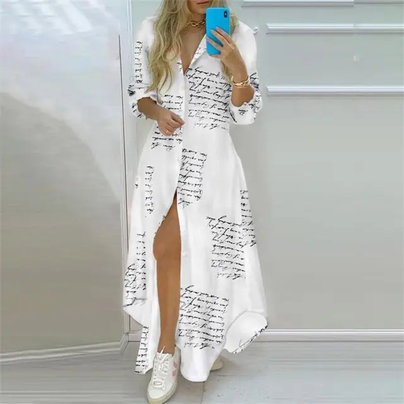 2024 Summer Women Boho Printed Long Shirts Elegant Dress Turn-Down Collar Long Sleeve Female Casual Evening Maxi Dresses Party D-Gennys fashion