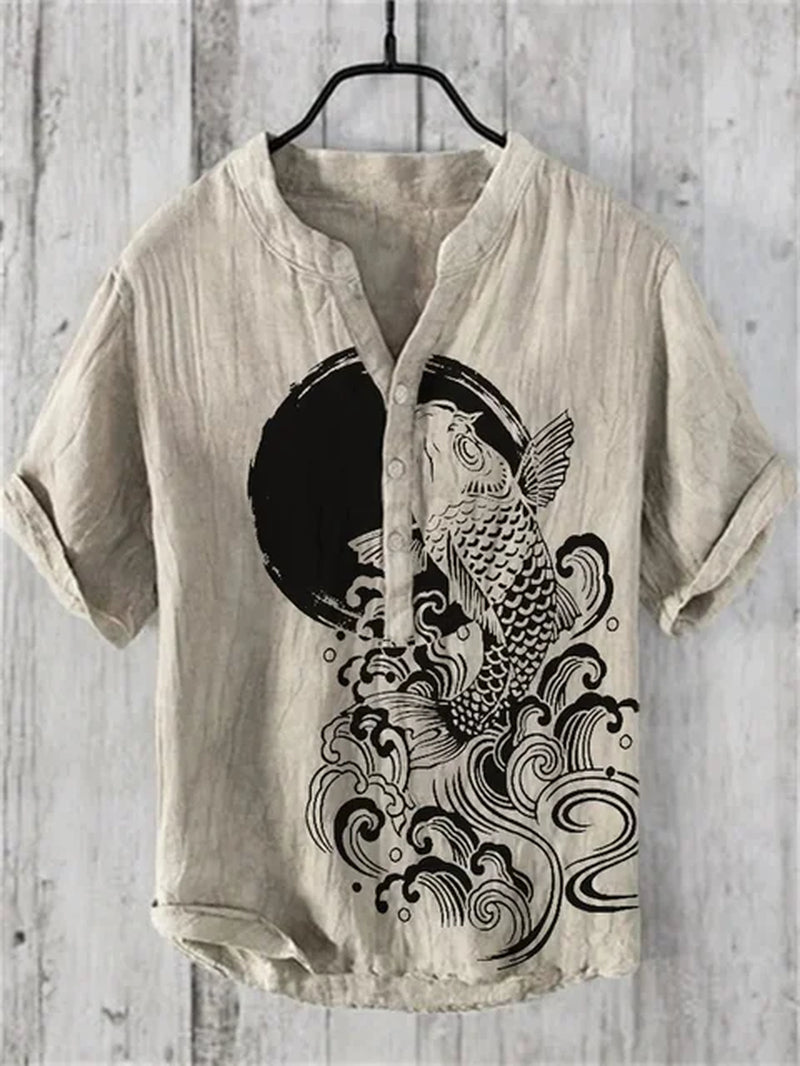 Men'S Retro Hawaiian Art Print Wave Series 3D Digital Printing Casual Loose Short Sleeve Three-Breasted Shirt Linen 100%-Gennys fashion