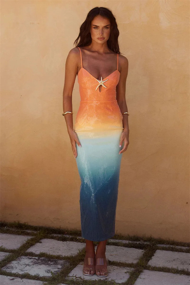 Gradient Color Sequins Prom Dress Sexy Strap Sleeveless Split Starfish Long Summer Party Evening Gown Shiny Formal Cocktail Robe-Gennys fashion