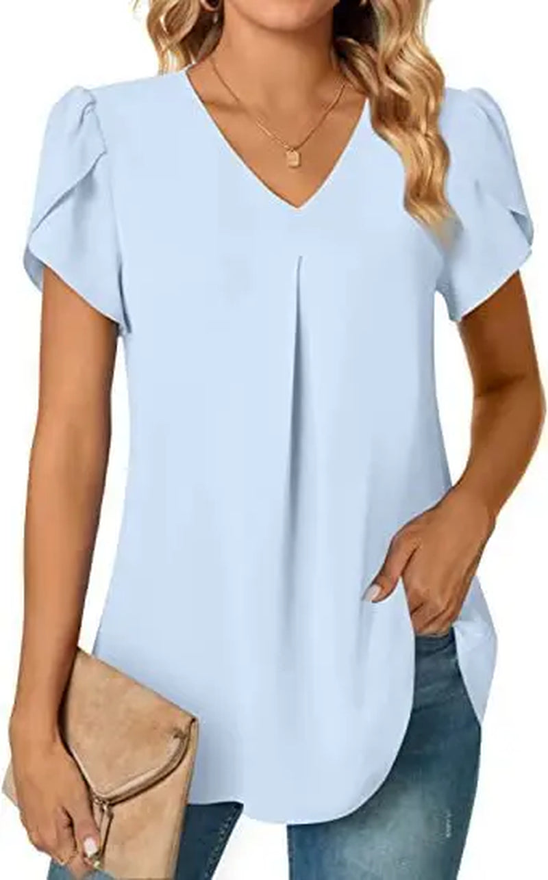 Sexy V Neck Ruffle Short Sleeve Blouse Shirts Summer Women V Neck Solid Color Loose OL Workout Blouse Tops SZE-ST23015-Gennys fashion