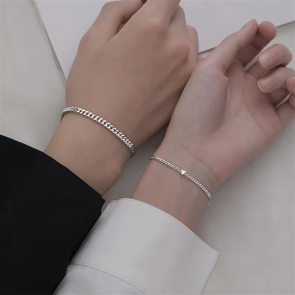 2PCS Simple Fashion Stainless Steel Bracelet Set for Couple Unisex Women Men Lover Crystal Heart Silvery Chain Bracelets Jewelry-Gennys fashion
