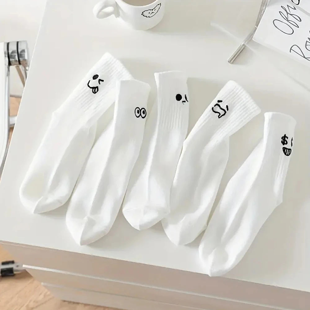 5 Pairs Women'S Cartoon Socks round Neck Mid Tube Fashionable Cute Expression Pattern Socks Casual Breathable Autumn Girls Socks-Gennys fashion