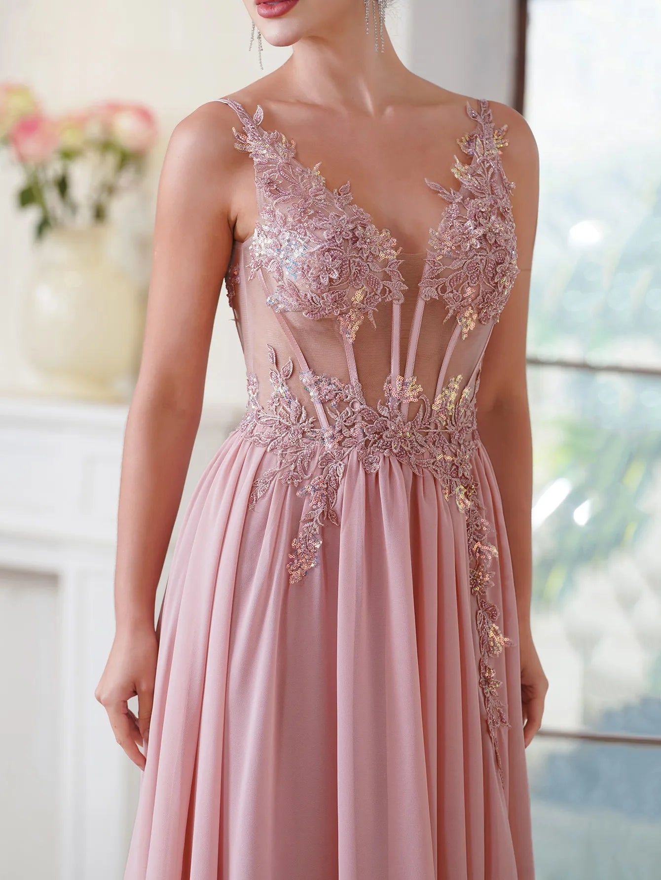Elegant Dusty Pink Prom Dresses 2024 V Neck Beaded Appliques Illusion Spaghetti Strap Evening Gowns Formal Party Vestido De Gala-Gennys fashion