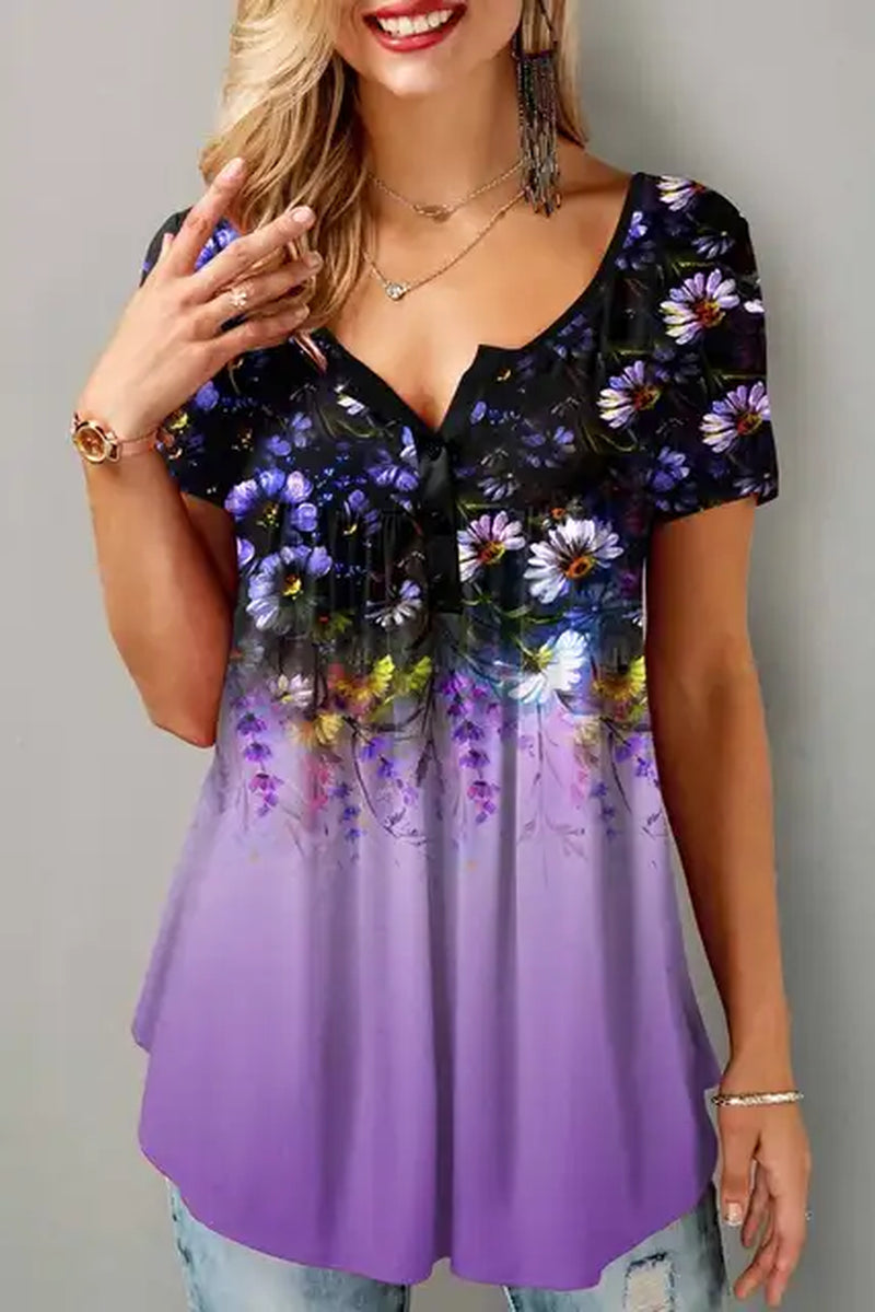 Plus Size Women'S Casual Shirts Floral Printed Chiffon Ruffle Short Sleeves Layered Asymmetric Hem Round-Neck Daily Commuter Top-Gennys fashion