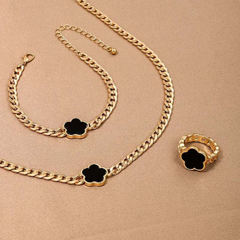 Lucky Five-Petal Flower Clover Earrings Necklace Ring Bracelet Four-Piece Set for Woman Fashionable Accessories Party Jewelry-Gennys fashion