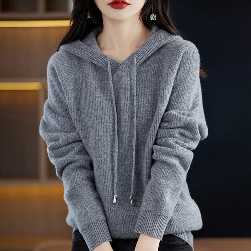 2023 New Cashmere Hooded Sweater Women Long Sleeve Autumn and Winter Knit Hooded Pullover Solid Color Cashmere Base-Gennys fashion