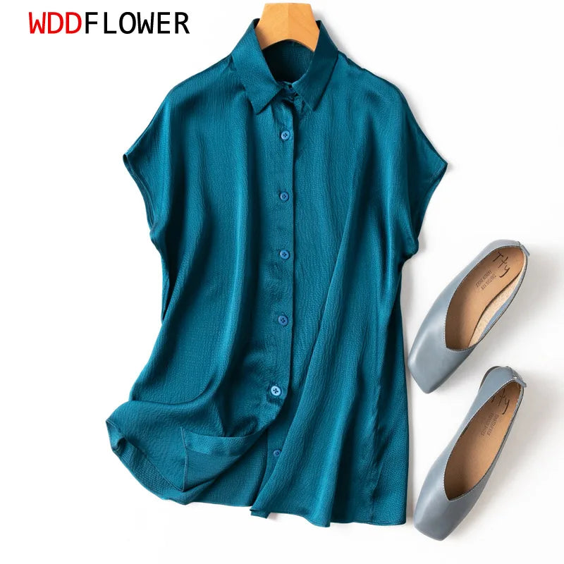 Women 100% Mulberry Silk 20 Momme Heavy Silk Peacock Blue Collared Short Sleeve Buttons down Shirt Top Blouse Office Work MM567-Gennys fashion
