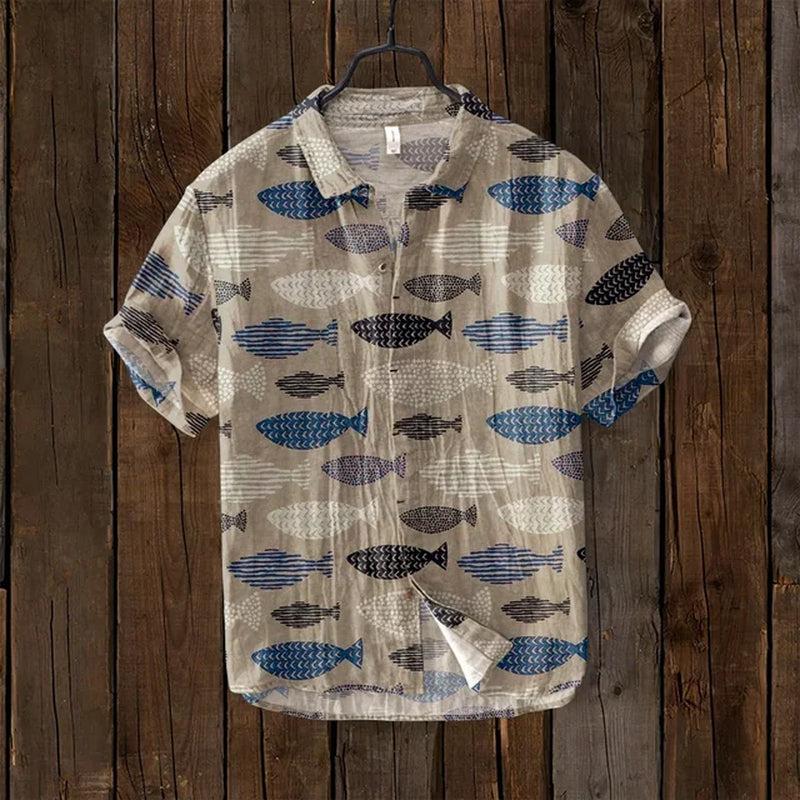 Men'S Short Sleeved Hawaiian Shirt, Japanese Art Retro Fish Print, Loose Breathable Linen Top, Casual Fashion, New, 2024-Gennys fashion