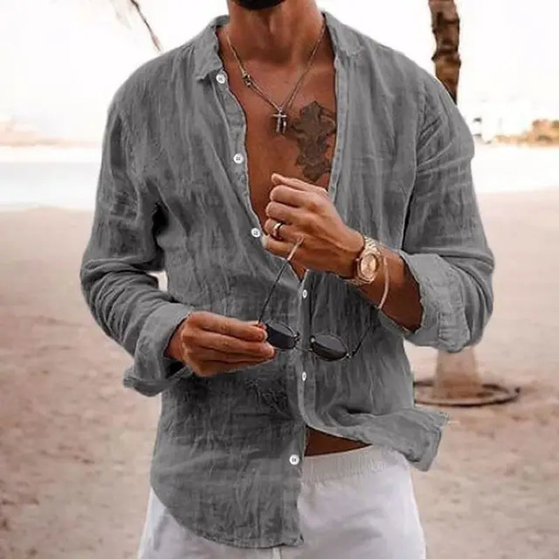 2024 Men'S Cotton Fashion Long Sleeve Shirt Lapel Solid Color Single Breasted Casual Breathable Loose Shirt-Gennys fashion