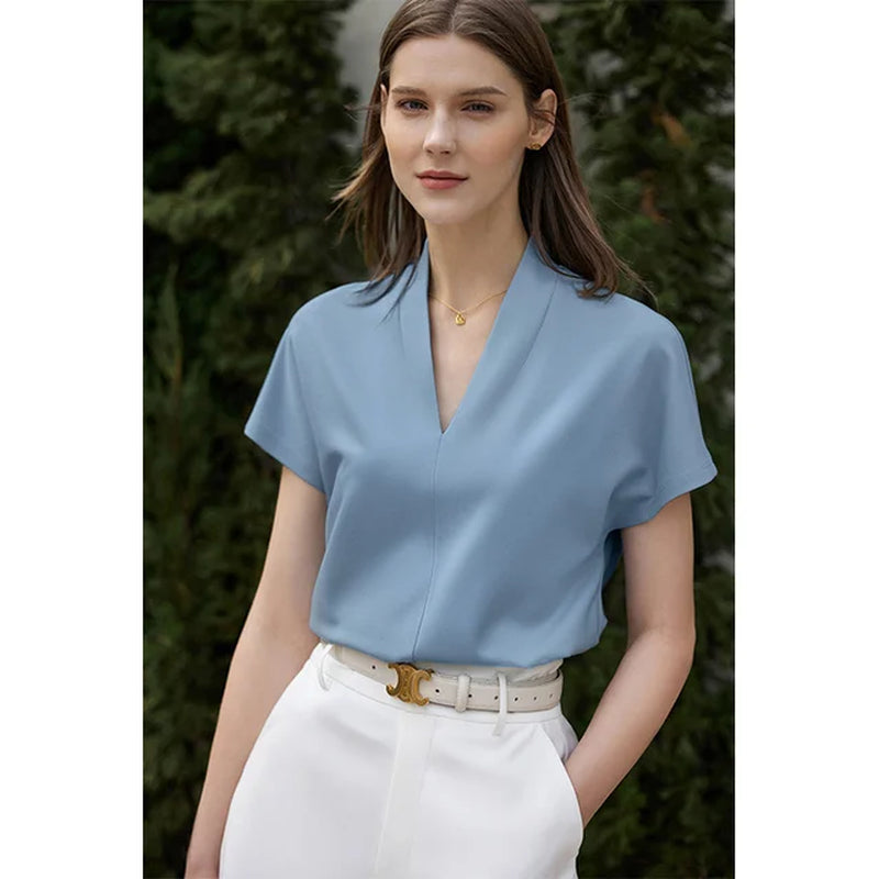 Minimalism 2023 Summer Women'S T-Shirt Classic Style Casual V-Neck Short Sleeve Solid Stretch Female Tops & Tees 12312013-Gennys fashion