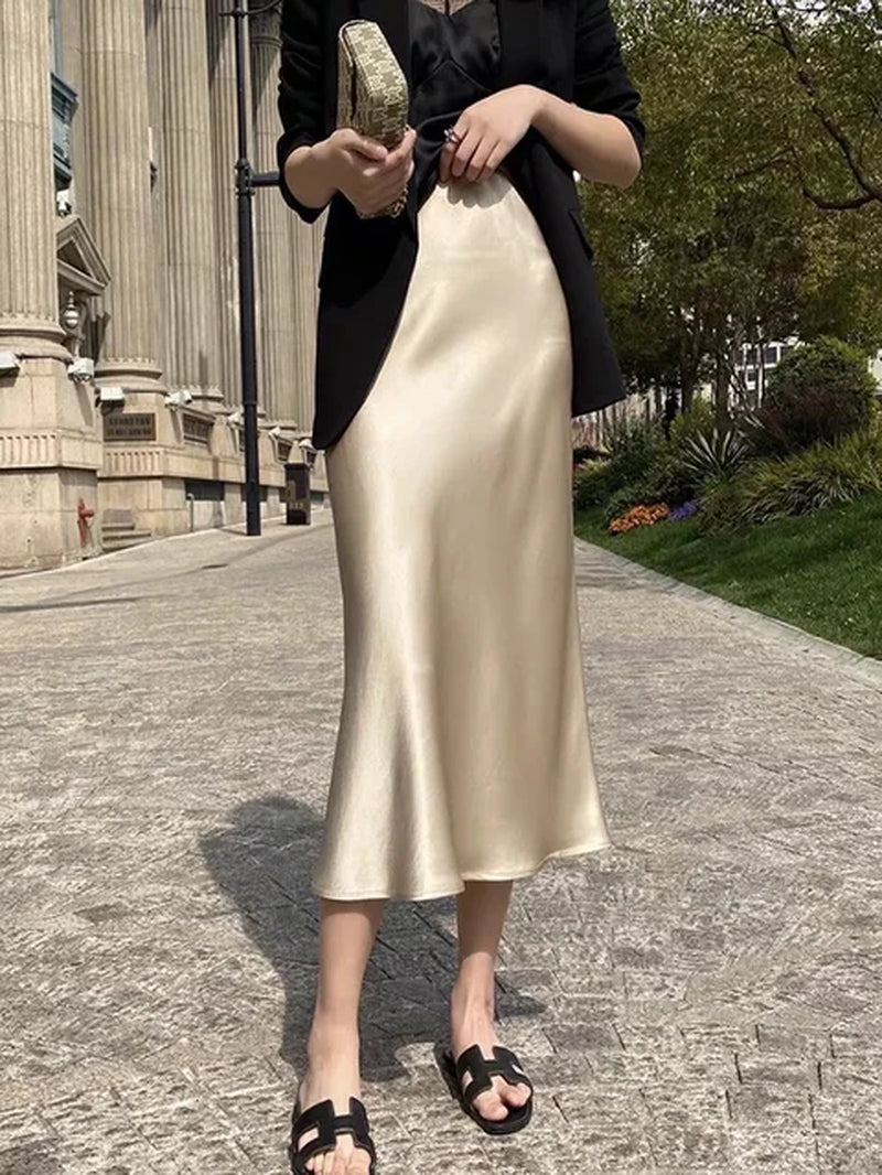 Silk Satin Skirts for Women Korean Style Champagne Office High Waist A-Line Skirt Fashion Elegant Solid Long Pencil Skirt 2024-Gennys fashion