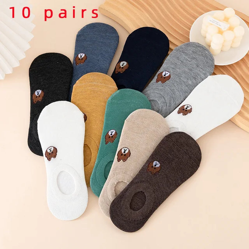 10 Pairs of WOMEN'S Cotton Socks, Casual Breathable Short Socks, and Girls' Cartoon Bear Low Cut Ankle Boat Socks-Gennys fashion