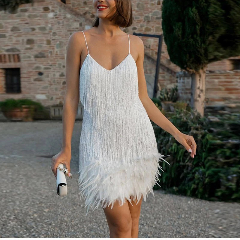 2023 New Sexy Tassel Sequins Feather Mini Dress Women Spaghetti Strap Stitching Dresses Female Elegant Evening Party Club Dress-Gennys fashion