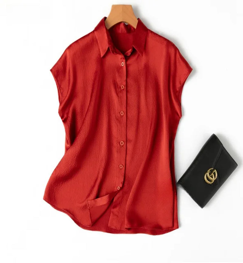 Women 100% Mulberry Silk 20 Momme Heavy Silk Peacock Blue Collared Short Sleeve Buttons down Shirt Top Blouse Office Work MM567-Gennys fashion