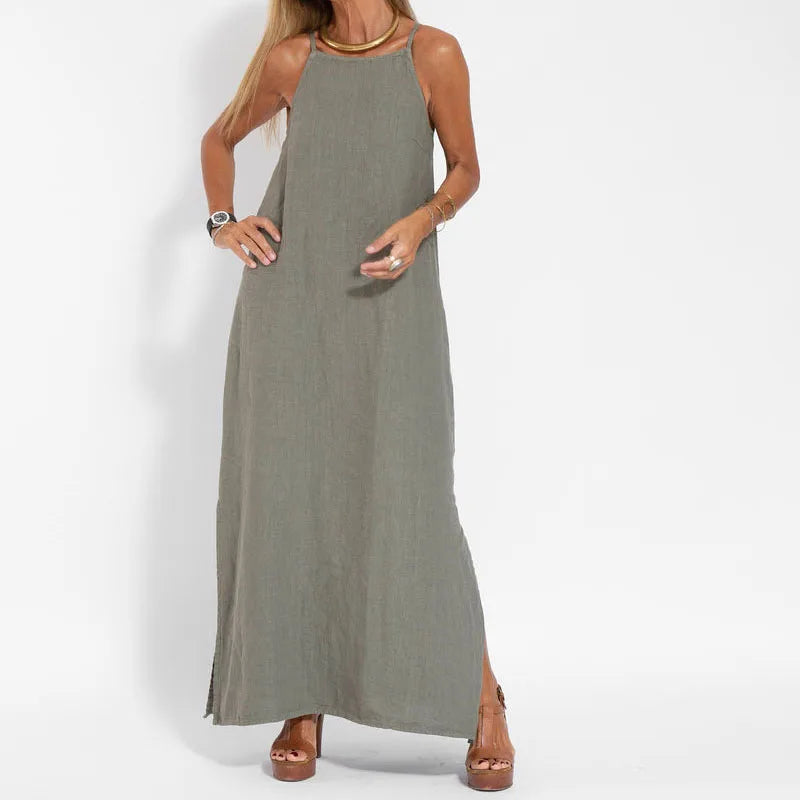 Sexy Split Halter Dress Floor-Length Dress Ladies Cotton Linen Breathable Casual Beach Halter Dress Long Dress Party Club Dress-Gennys fashion