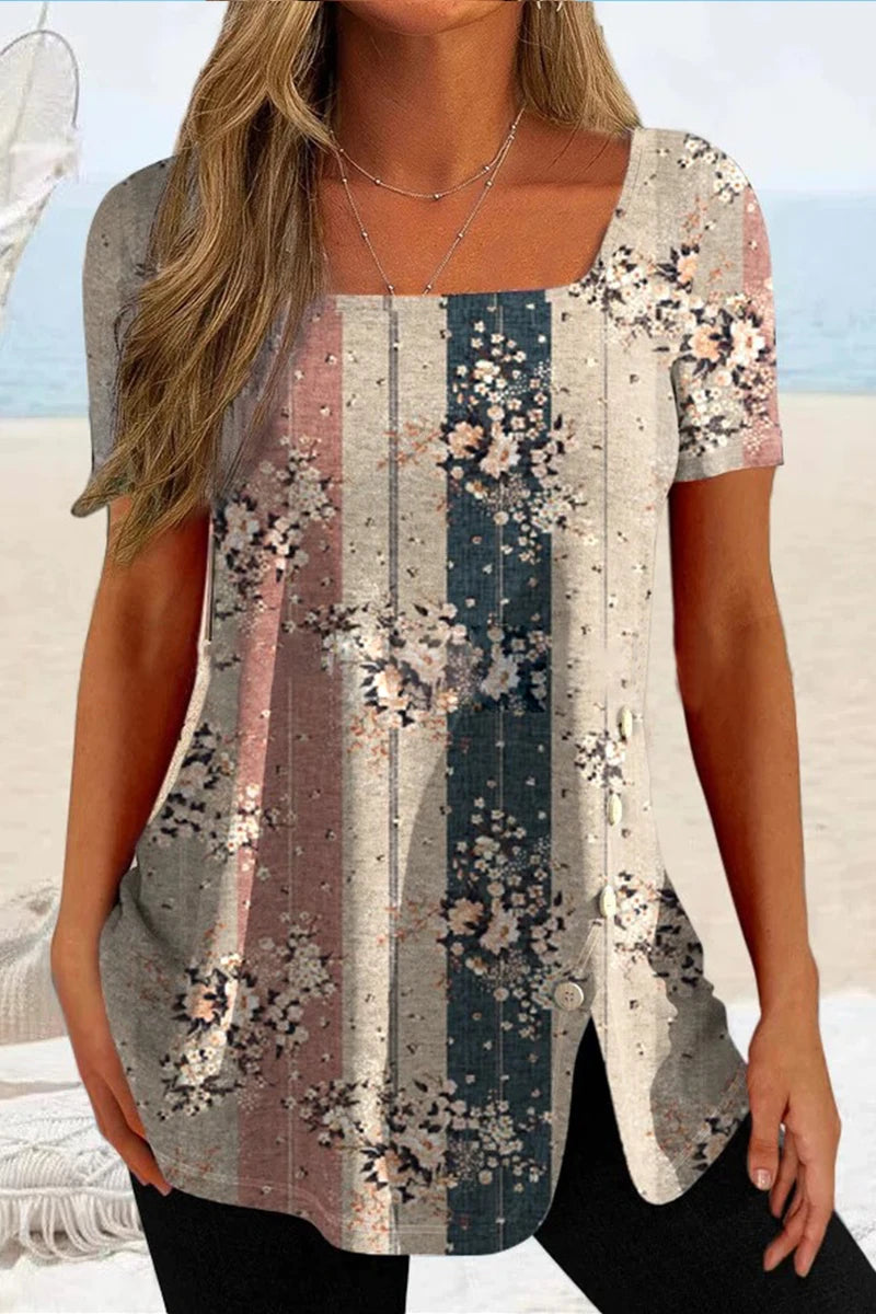 Plus Size Women'S Casual Shirts Floral Printed Chiffon Ruffle Short Sleeves Layered Asymmetric Hem Round-Neck Daily Commuter Top-Gennys fashion