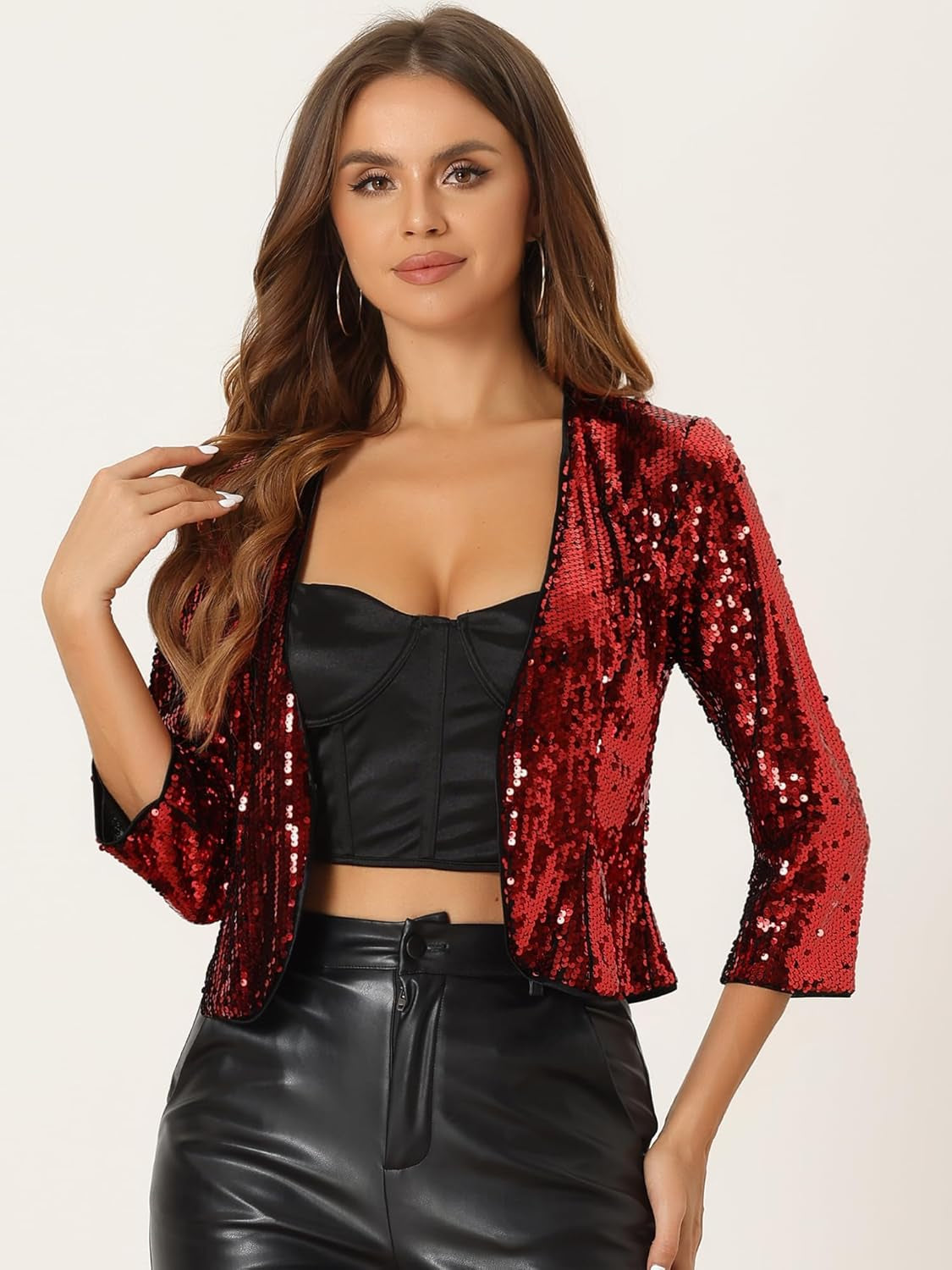 Women'S Sequin Shrug 3/4 Sleeve Open Front Party Glitter Sparkly Short Blazer Jackets-Gennys fashion
