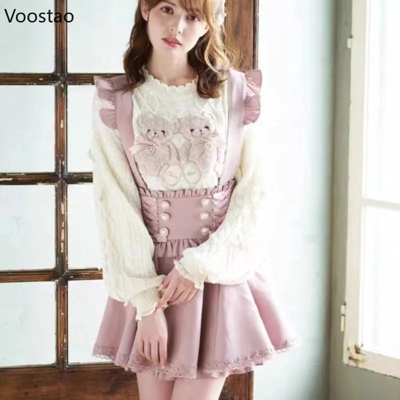 Japanese Gothic Lolita Ribbon Bow Diamond Pearl Buckle Removable Short Suspender Skirt Girls Sweet Cute Lace A-Line Mini Skirts-Gennys fashion