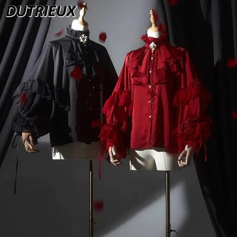 2024 Summer New Dark Black Shirt Blouse Women Harajuku Lolita Cosplay Batwing Sleeve Loose Shirts Ruffled Long Sleeve Top Ladies-Gennys fashion