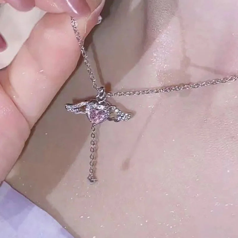 Crystal Angel Wings Heart Pendant Necklaces Set Ladies Girl Simple Y2K Pink White Zircon Love Elegant Necklace Women Jewelry Set-Gennys fashion