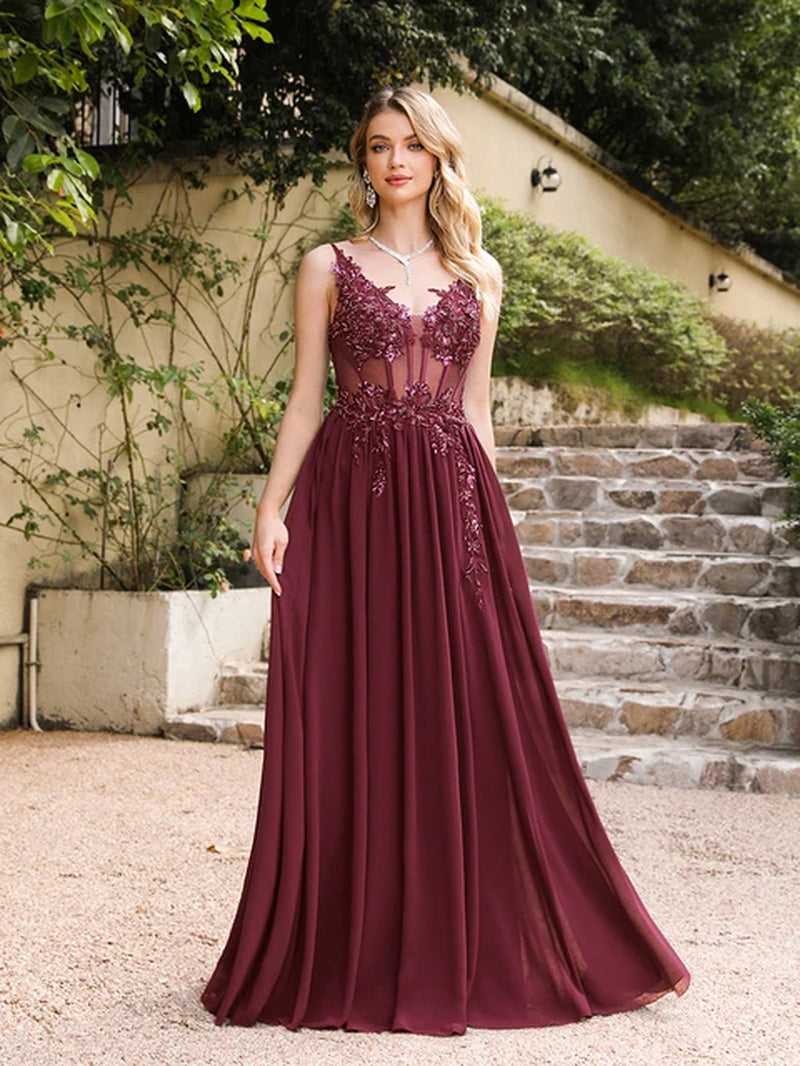 Elegant Dusty Pink Prom Dresses 2024 V Neck Beaded Appliques Illusion Spaghetti Strap Evening Gowns Formal Party Vestido De Gala-Gennys fashion