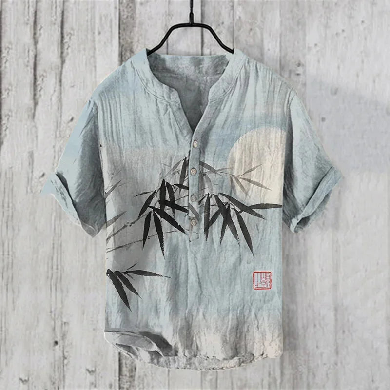Men'S Retro Hawaiian Art Print Wave Series 3D Digital Printing Casual Loose Short Sleeve Three-Breasted Shirt Linen 100%-Gennys fashion
