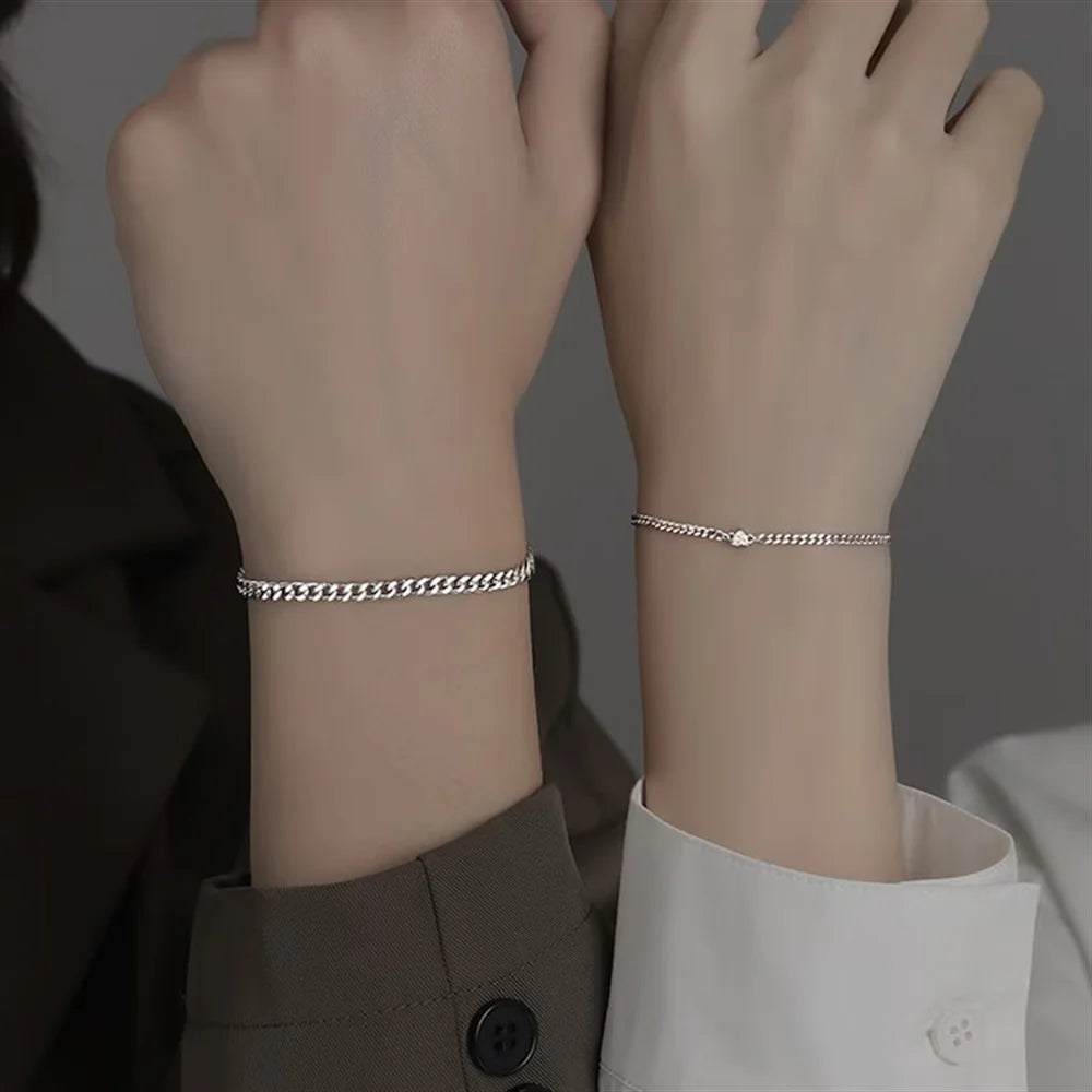 2PCS Simple Fashion Stainless Steel Bracelet Set for Couple Unisex Women Men Lover Crystal Heart Silvery Chain Bracelets Jewelry-Gennys fashion