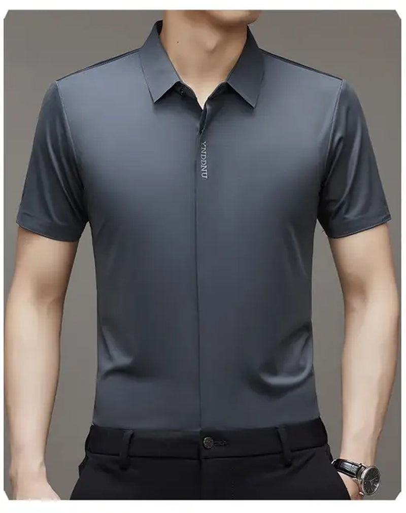 High End 100% Mulberry Silk Men Short Sleeve Business Shirt Wrinkle Resistant Button Invisible Top Elastic Luxurious Men Shirts-Gennys fashion