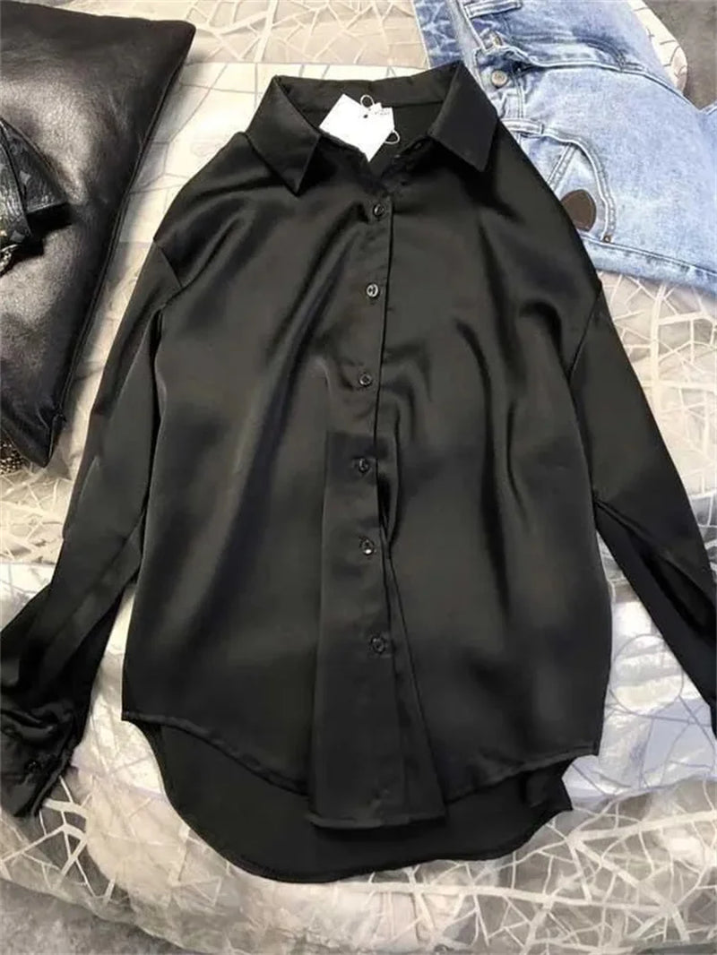 SATIN Long Sleeve Blouse Button up Shirt Women Female Elegant Ladies Tops High Quality Office Lady Silk-Gennys fashion