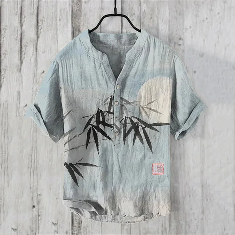Men'S Retro Hawaiian Art Print Wave Series 3D Digital Printing Casual Loose Short Sleeve Three-Breasted Shirt Linen 100%-Gennys fashion