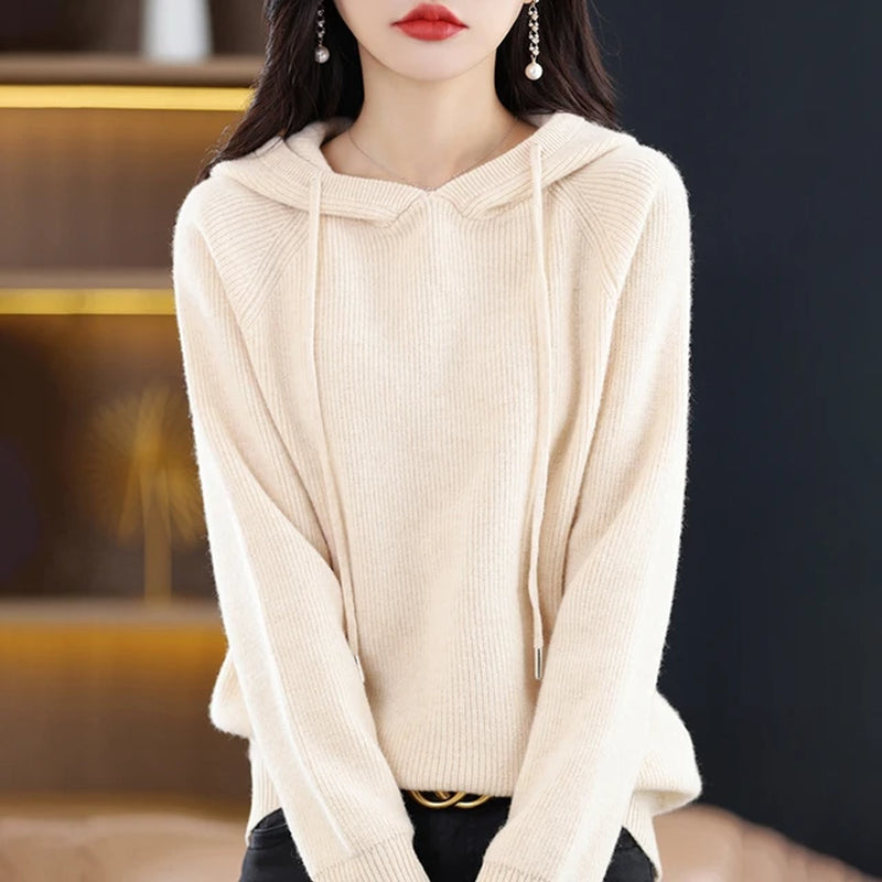 2023 New Cashmere Hooded Sweater Women Long Sleeve Autumn and Winter Knit Hooded Pullover Solid Color Cashmere Base-Gennys fashion