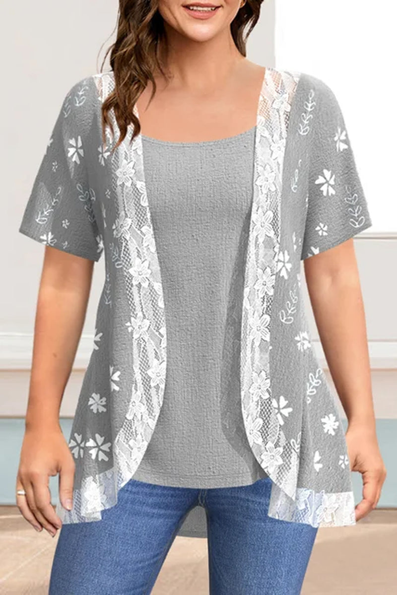 Plus Size Women'S Casual Shirts Floral Printed Chiffon Ruffle Short Sleeves Layered Asymmetric Hem Round-Neck Daily Commuter Top-Gennys fashion
