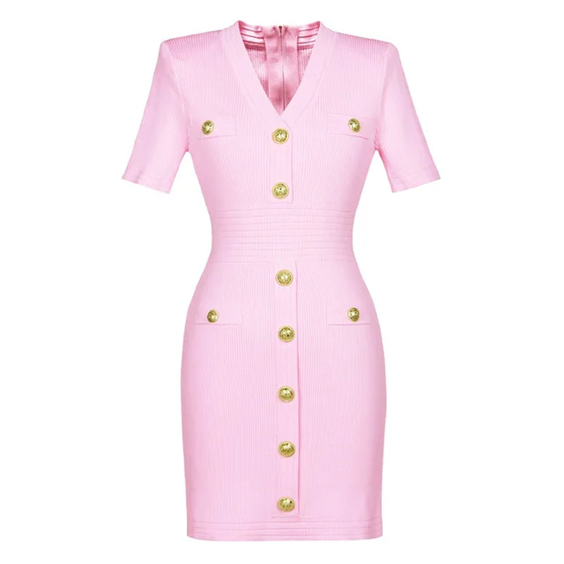 Elegant V Neck Knitting Sweater Dresses for Women Summer 2024 Short Sleeve Slim Fit Sheath Mini Party Dress Elegant Vestido-Gennys fashion