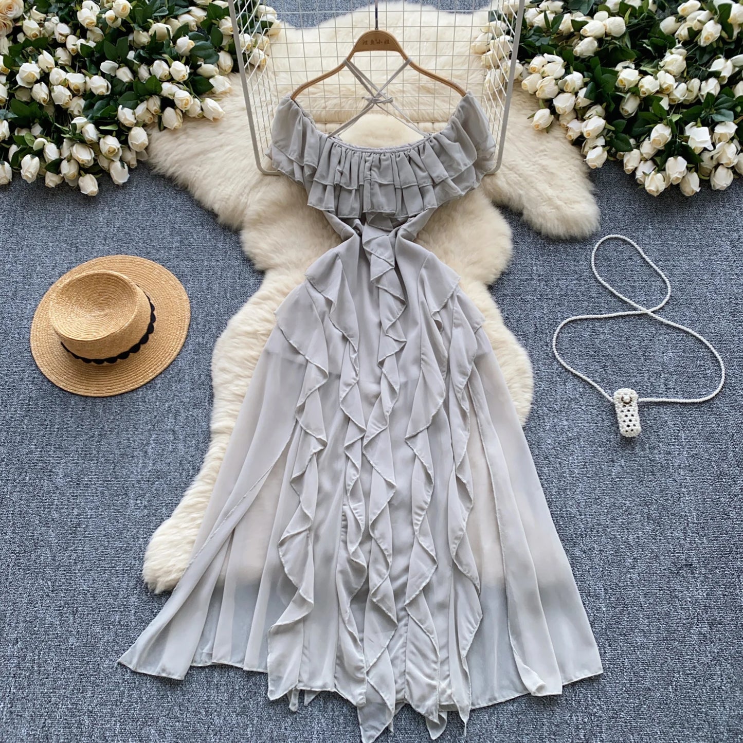 Off Shoulder Ruffle Split Sweet Dress Chic Evening Party Club Summer Vestidos Women Hip Wrap Dresses-Gennys fashion