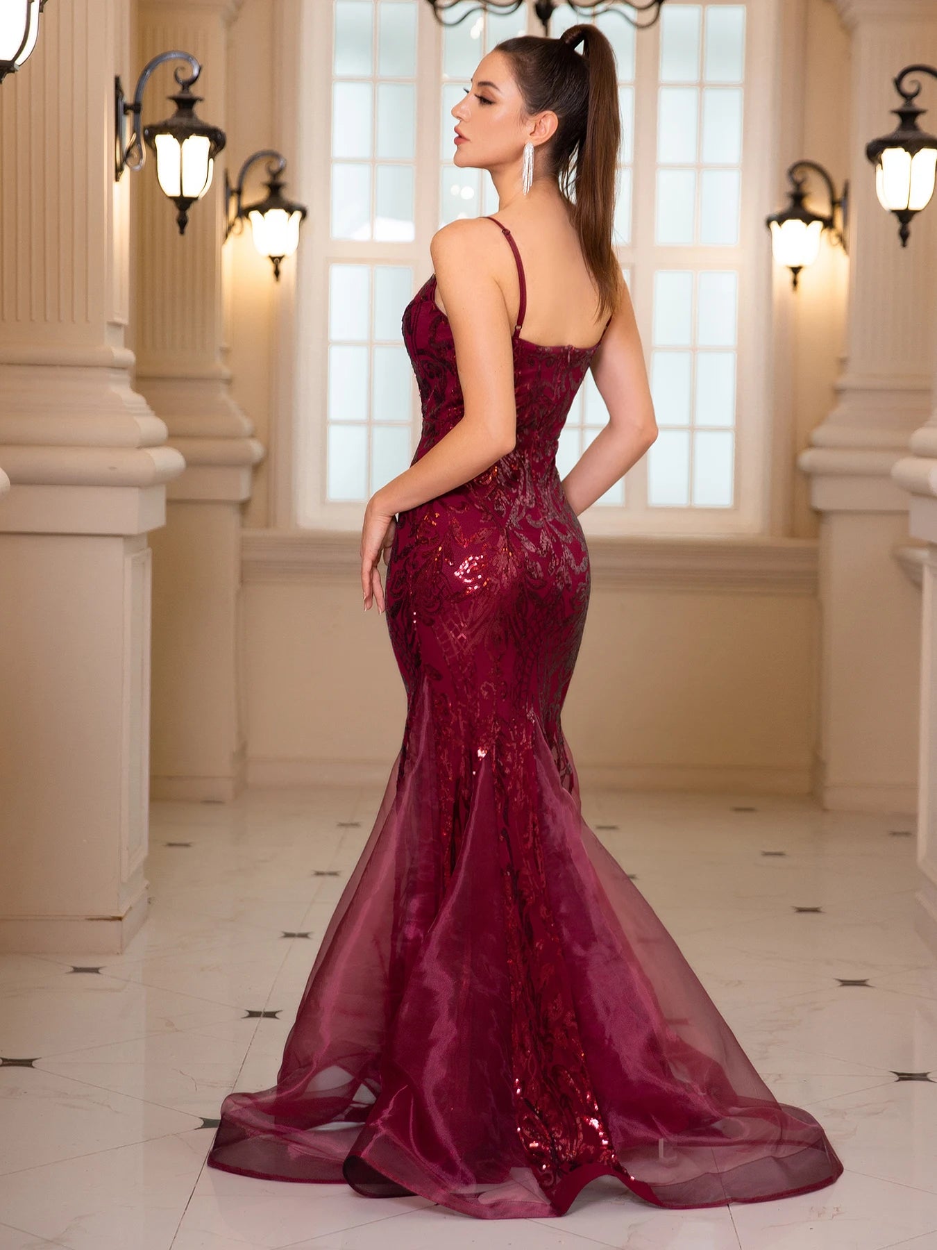 Deep V Neck Sleeveless Cocktail Dress Luxury Spaghetti Strap Sequin Evening Party Dresses Maxi Prom Gown-Gennys fashion