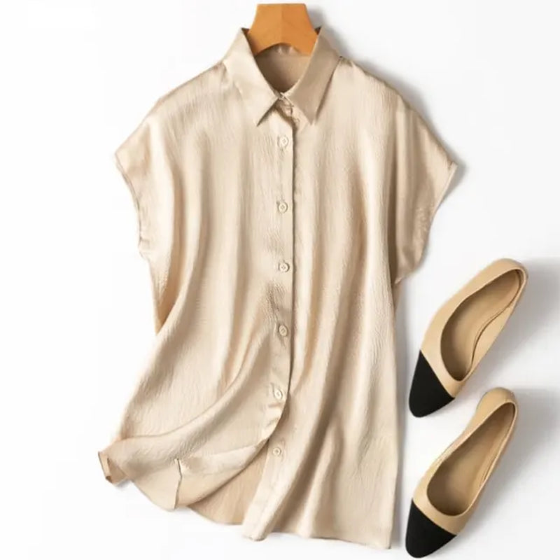 Women 100% Mulberry Silk 20 Momme Heavy Silk Peacock Blue Collared Short Sleeve Buttons down Shirt Top Blouse Office Work MM567-Gennys fashion
