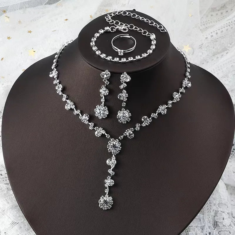 4 Pcs Luxury Wedding Bridal Bridesmaid Crystal Zircon Jewelry Set for Women Tennis Choker Necklace Earrings Rings Bracelet Set-Gennys fashion