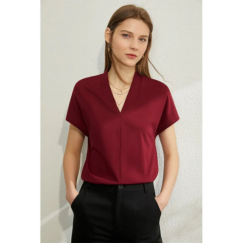 Minimalism 2023 Summer Women'S T-Shirt Classic Style Casual V-Neck Short Sleeve Solid Stretch Female Tops & Tees 12312013-Gennys fashion