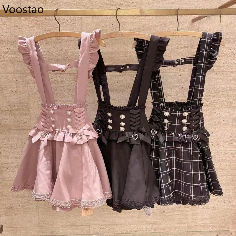 Japanese Gothic Lolita Ribbon Bow Diamond Pearl Buckle Removable Short Suspender Skirt Girls Sweet Cute Lace A-Line Mini Skirts-Gennys fashion