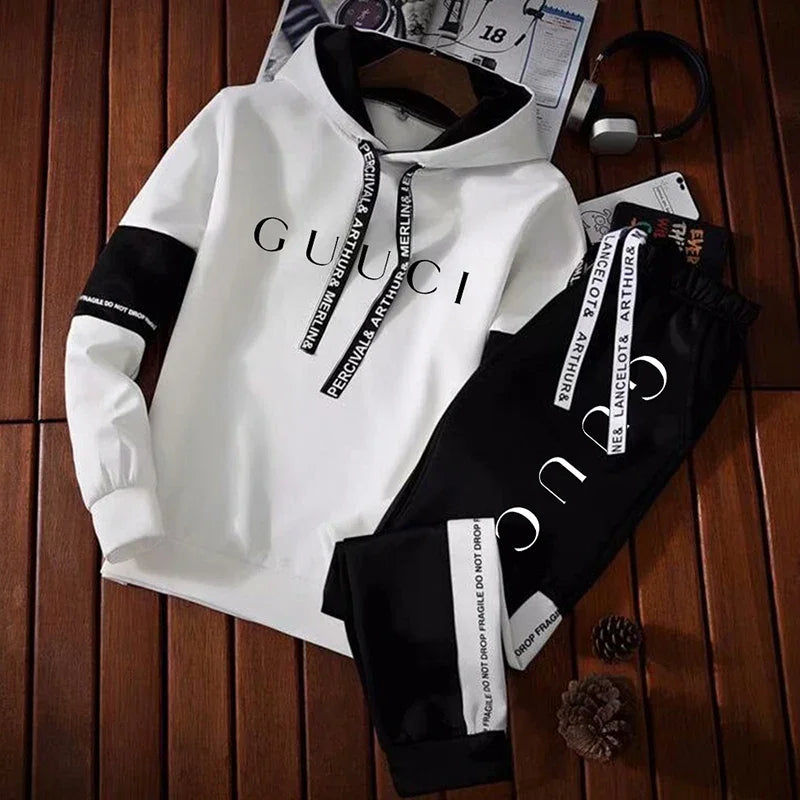 Mens Tracksuit High Quality Fashion Hooded Sweatshirt Sweatpants Casual Trend Print Pullover Classic Black White Jogging Clothes-Gennys fashion