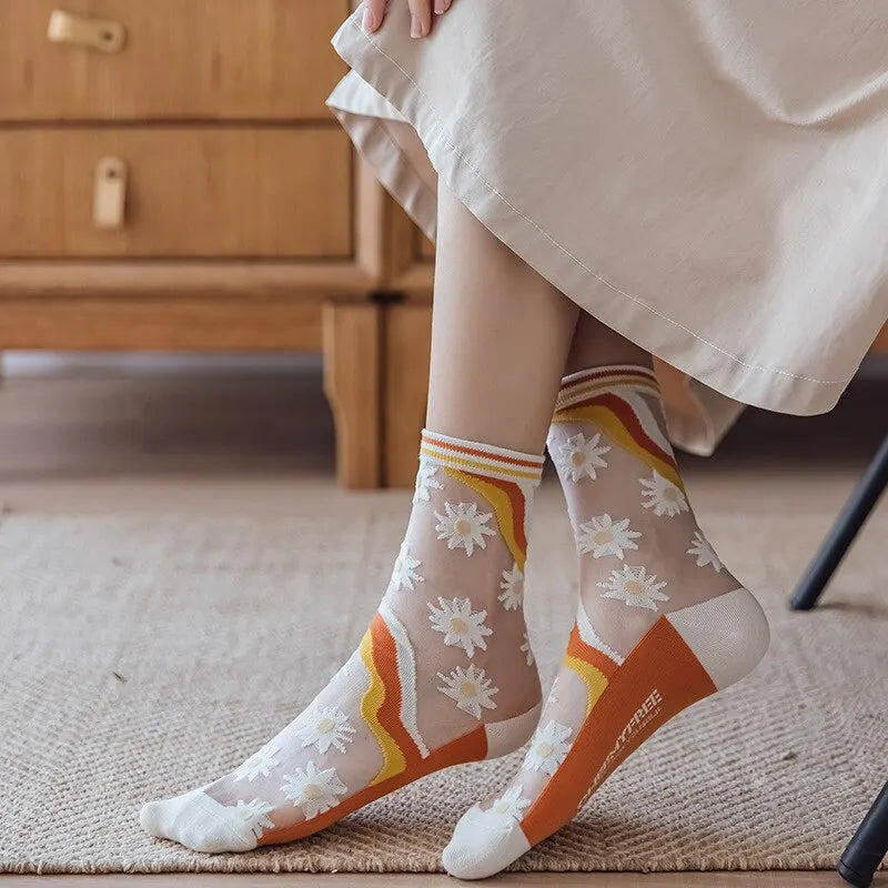 Women Summer Ultra Thin Transparent Summer Ice Glass Filament Long Tube Korean Lace Medium Tube Crystal Socks Silk Socks-Gennys fashion
