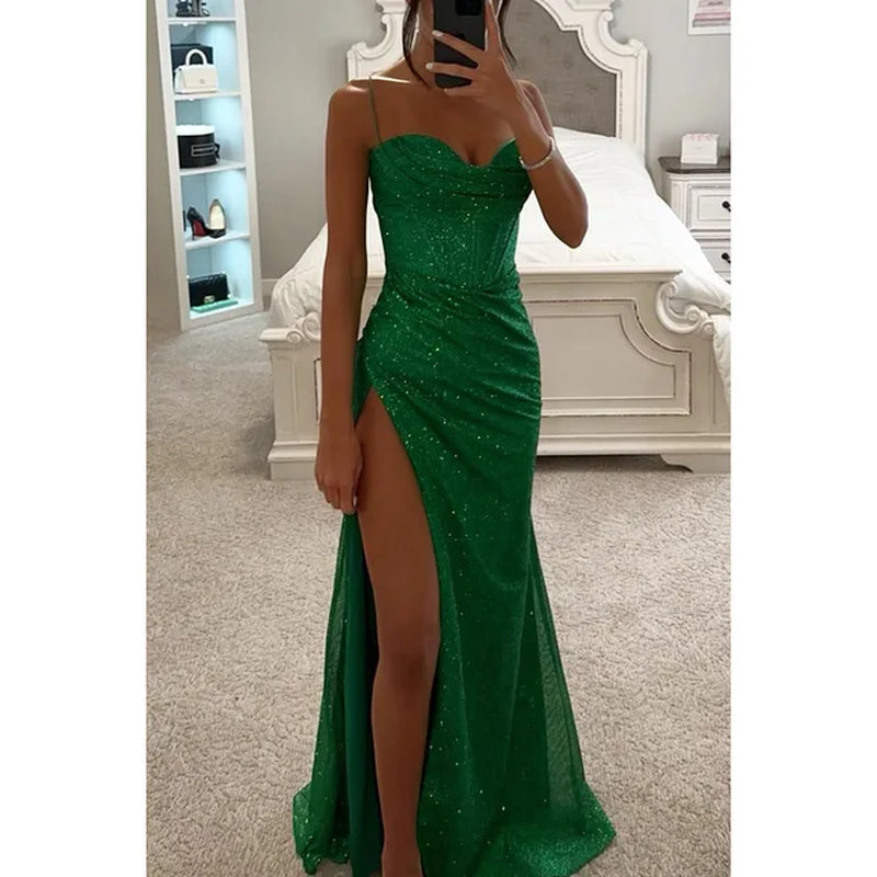 Women Evening Party Dress Floor Length Shiny Spaghetti Maxi Dress off Shoulder Sleeveless High Slit Draped Bodycon Prom Dress-Gennys fashion