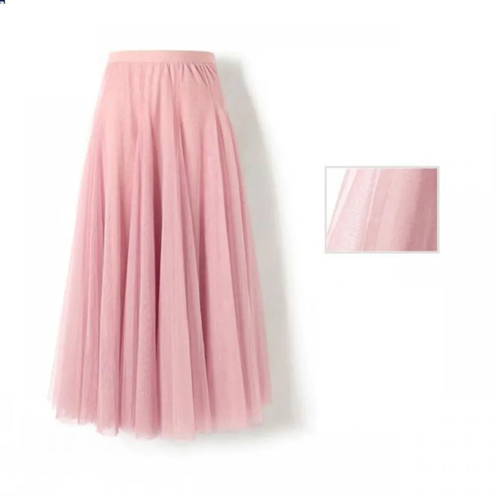 New Women Mesh Elastic Tutu Skirt Beach Spring Summer Korean High Waist Fashion Pleated Long Skirt Black White Tulle Skirts-Gennys fashion