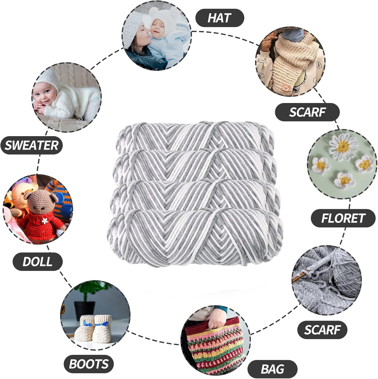 Crochet Knitting Soft and Comfortable Milk Cotton Wool Double Knitting Yarn Multi-Colored Acrylic Crochet Yarn Set for Hats Doll (White + Grey)-Gennys fashion