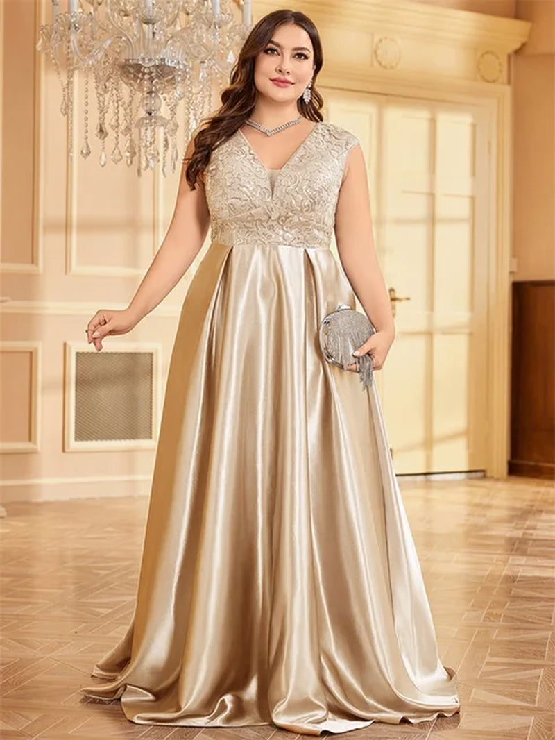 Gold Satin V-Neck Evening Dress