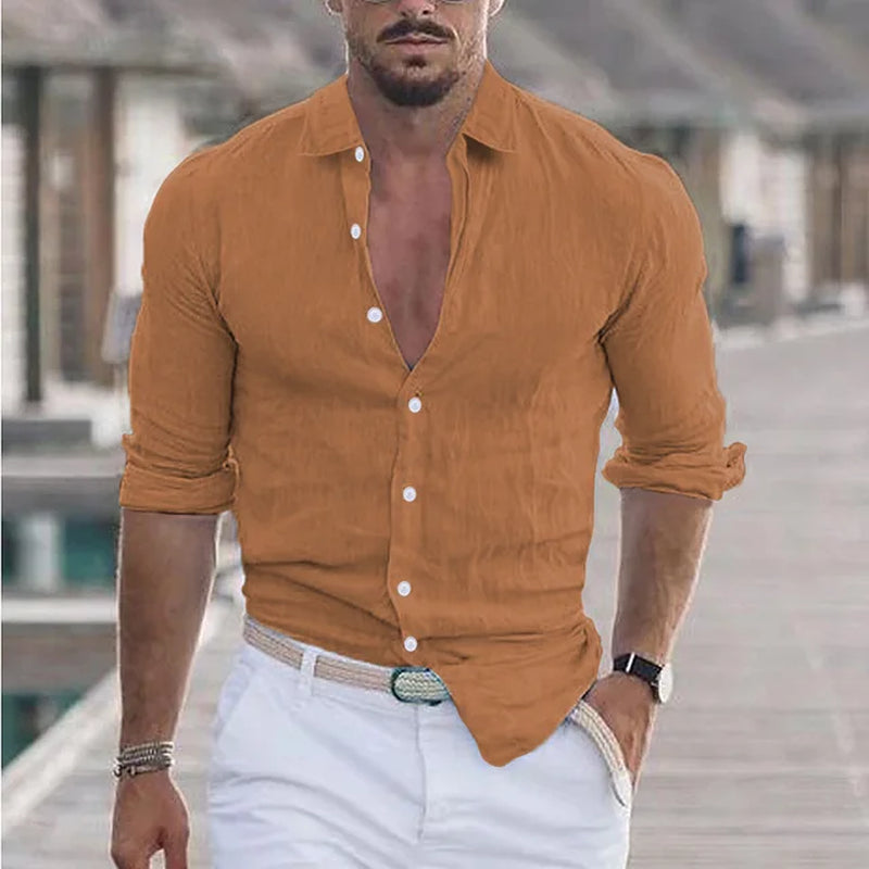 Men'S Summer Cotton and Linen Loose Lapel Beach Shirt Casual Lazy Long Sleeve Solid Color Hawaiian Campfire Holiday Wear-Gennys fashion