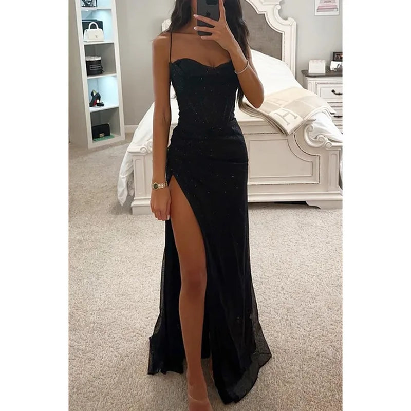 Women Evening Party Dress Floor Length Shiny Spaghetti Maxi Dress off Shoulder Sleeveless High Slit Draped Bodycon Prom Dress-Gennys fashion