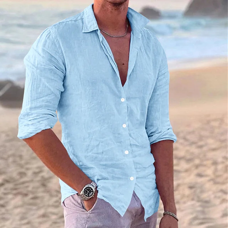 Summer New Fashion Street Men Cotton Linen Slim Casual Men'S Shirt Single Breasted Cardigan Long Sleeve-Gennys fashion