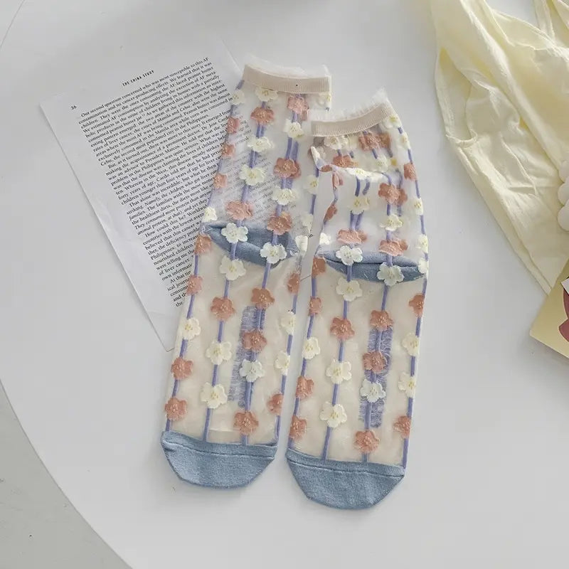 Women Summer Ultra Thin Transparent Summer Ice Glass Filament Long Tube Korean Lace Medium Tube Crystal Socks Silk Socks-Gennys fashion